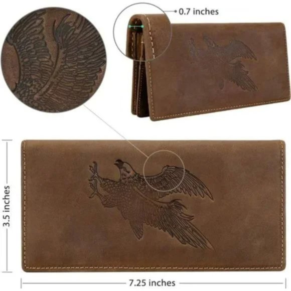 MEN'S RFID Vintage Look Genuine Leather Long Bifold Wallet Eagle Brown - Picture 5 of 8